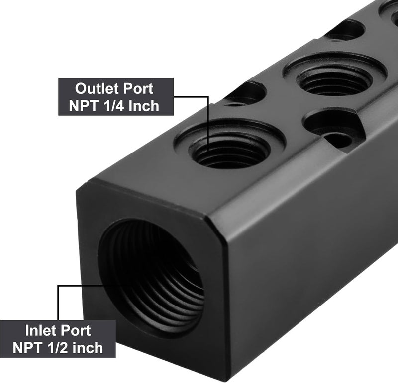 MARSTEK Air Manifold, 3 Way 5 Port Air Compressor Manifold, Air Hose Inline Manifold Block Splitter, Pneumatic Manifold Air Distribution Block, NPT 1/2 Inch Supply Port, NPT 1/4 Inch Output Port(BLACK) - Image 3